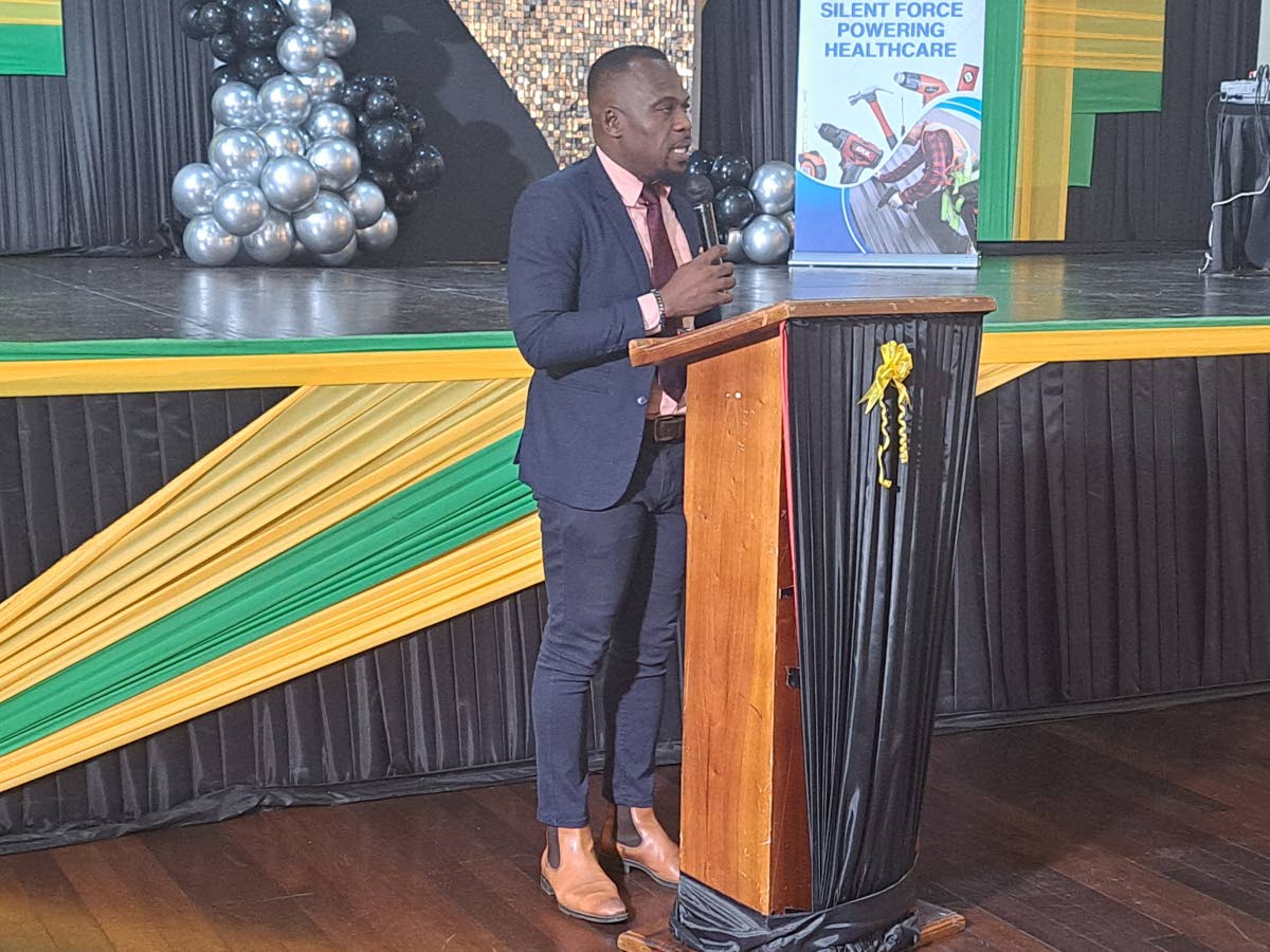 Antonio Erskine, a former director of Toastmasters International, delivers the keynote address during Western Regional Health Authority’s second annual awards ceremony for maintenance workers at the Montego Bay Cultural Centre in Sam Sharpe Square, Monte