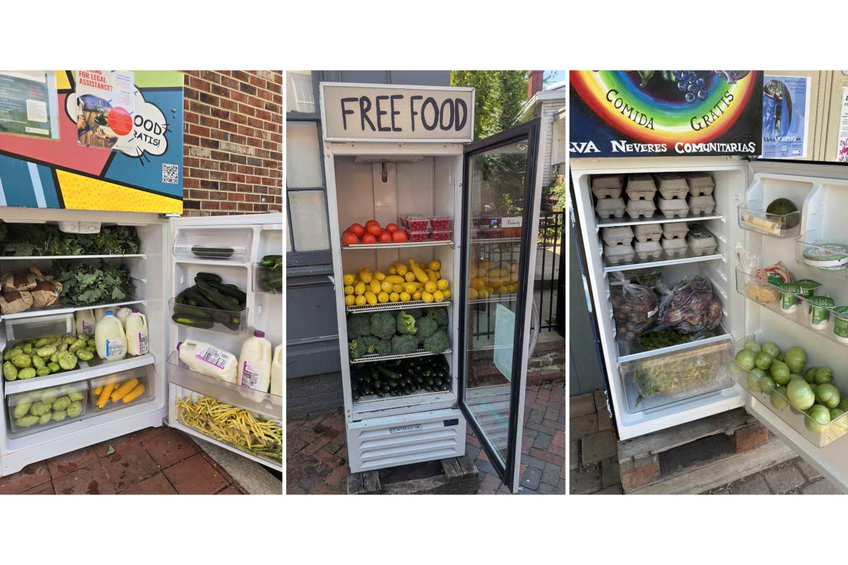 This combination of images shows three stocked refrigerators, part of the RVA Community Fridges project, located around Richmond, Virginia, on Sunday, September 14, 2025.