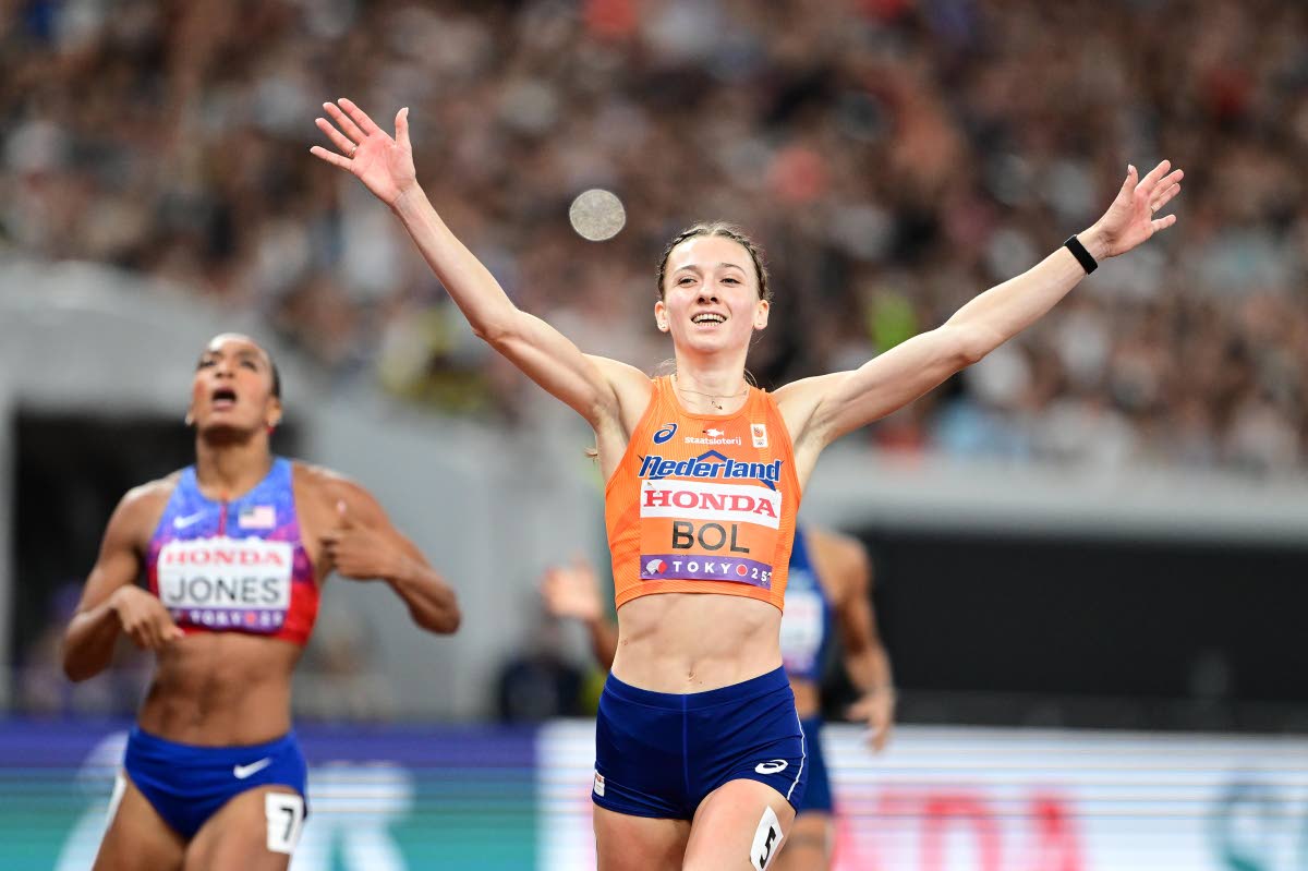 Femke Bol of the Netherlands celebrates gold in the women’s 400-metre hurdles final in Tokyo, Japan yesterday. Bol’s winning time was 51.54 seconds.