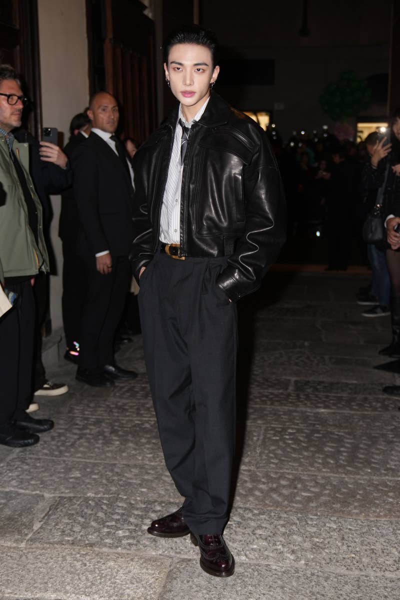 South Korean singer Hyunjin arrives for the Versace Intimate fashion event.