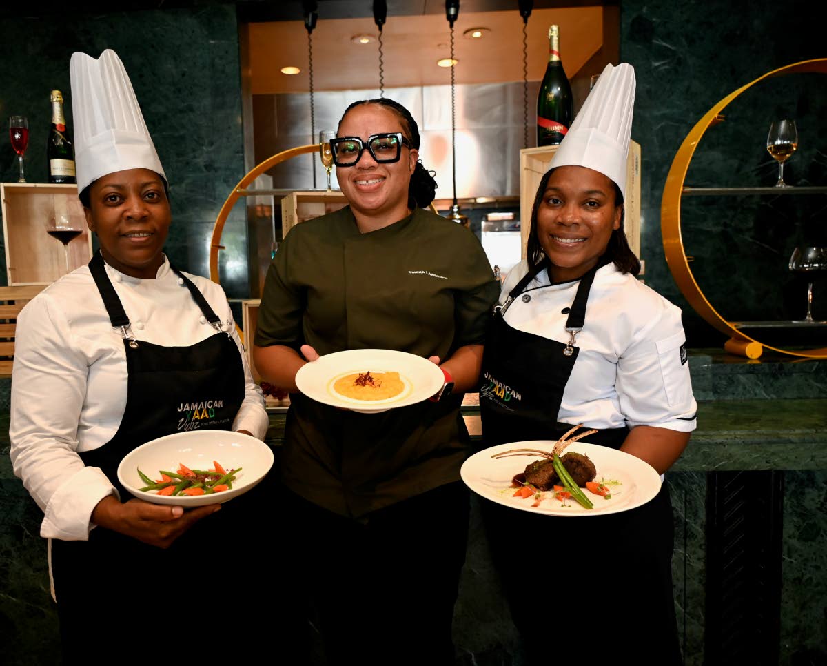From left: Executive Sous Chef Mernel Casey, Senior Executive Sous Chef Omega Lawrence, and Chef de Cuisine Shamanda Barnes of Hyatt Ziva and Zilara Montego Bay display the jerk-marinated lamb chops with potato-pumpkin purée and garlic-buttered vegetables