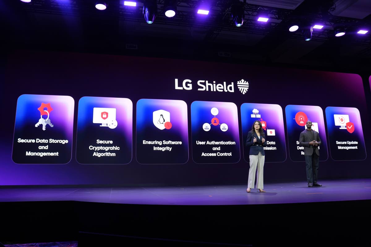 Angela Gozenput of home appliances and solution marketing and Aaron Westbrook of media entertainment and solution marketing, talk during an LG Electronics news conference ahead of the CES tech show Monday, January 2026, in Las Vegas. (AP Photo)