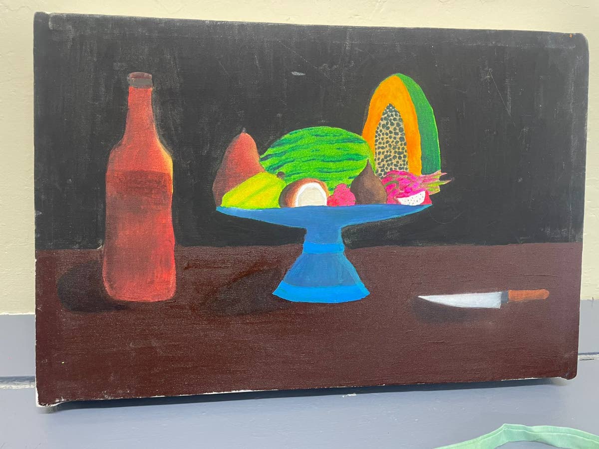 Students' artwork inside the visual arts studio at Denbigh High.
