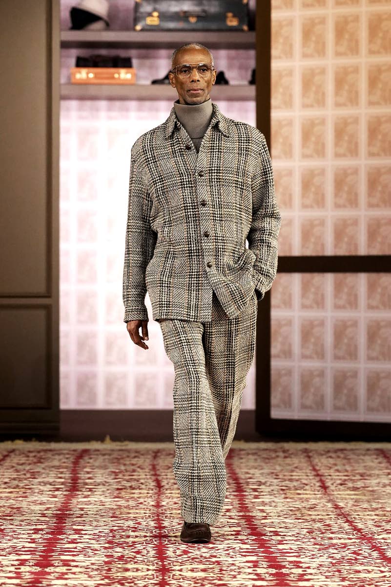 Left: SAINT International model Jamie Melbourne in Look 45 from the Zegna Fall/Winter 2026 show last Friday at Milan Men’s Fashion Week. SAINT’s head honcho, Deiwght Peters, proposed Melbourne to Zegna casting director Ben Grimes for the show last mont