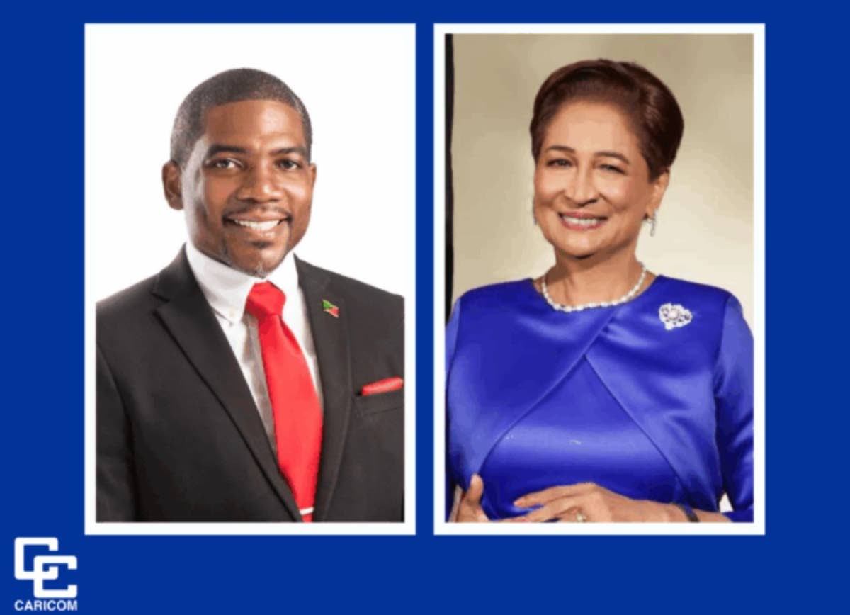 Dr Terrance Drew, prime minister of St Kitts and Nevis and current chair of CARICOM; and Kamla Persad-Bissessar, prime minister of Trinidad and Tobago.