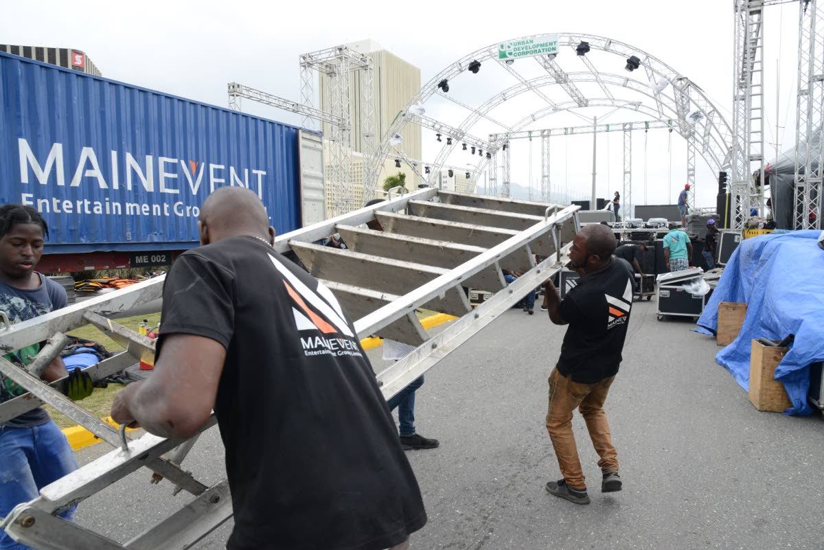 Rudolph Brown/Photographer
Main Event workmen preparing the stage up the New Year Celebration and Fireworks on the Kingston waterfront on Sunday, December 30, 2018.
