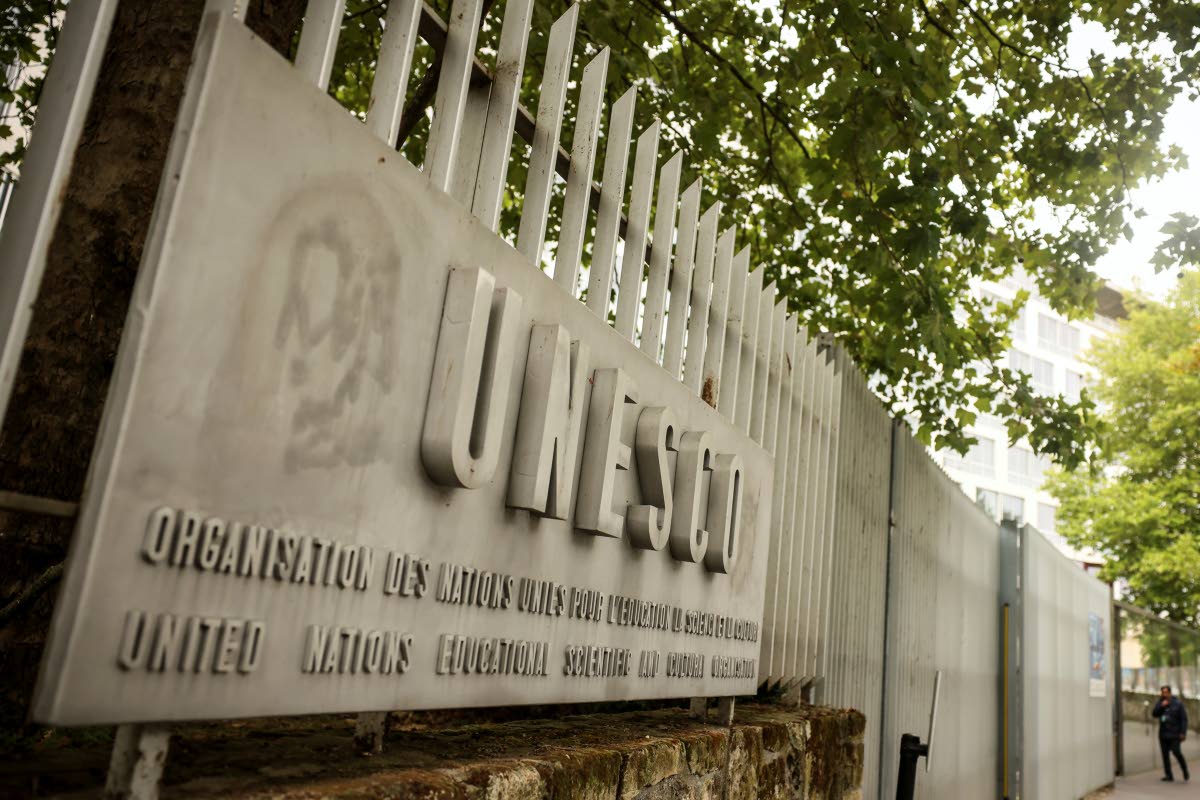 A man enters the UNESCO headquarters Tuesday, July 22, 2025 in Paris.