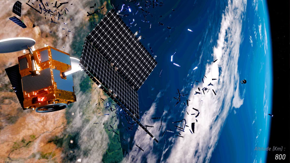 
Illustration of a satellite breaking up into multiple pieces at higher altitudes.