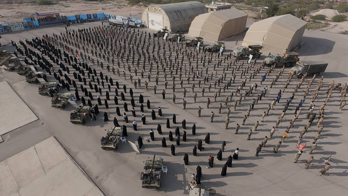 In this image provided by Sepahnews of the Iranian Revolutionary Guard on Feb. 16, 2026, shows troops standing at attention during the guard’s drill in the Persian Gulf on Monday, Feb. 16, 2026. 