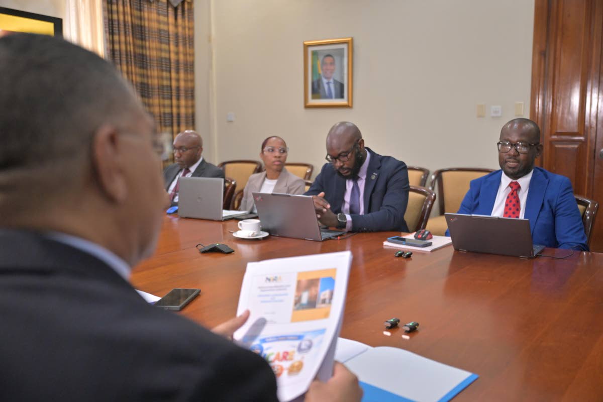 Prime Minister, Dr Andrew Holness (left), listens to Executive Director of the National Identification and Registration Authority, Dr Warren Vernon (right), during a recent meeting at the Office of the Prime Minister.