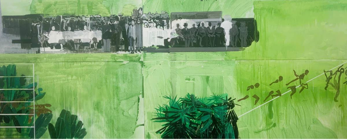 A section of Hurvin Anderson’s Passenger Opportunity, a 16-panel painting displayed at The Perez Art Museum in 2025. 