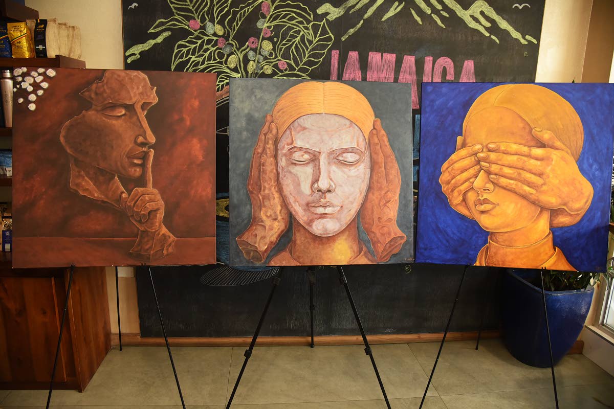 Romain Lewis’ ‘No Evil’ series, which was on display at a pop-up exhibition recently held at Cafe Blue, Constant Spring location.