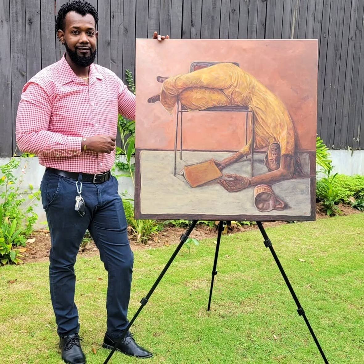 Romain Lewis with his piece ‘Wanderer’.