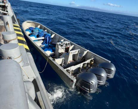 A go-fast boat containing cocaine that was intercepted by the JDF Coast Guard offshore Treasure Beach, St Elizabeth on March 21, 2026.