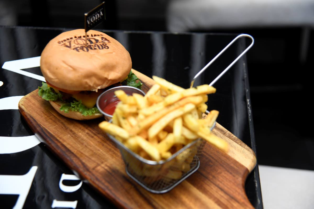 A close-up of the restaurant’s signature V.O.D.A burger, stamped and ready to be savoured.