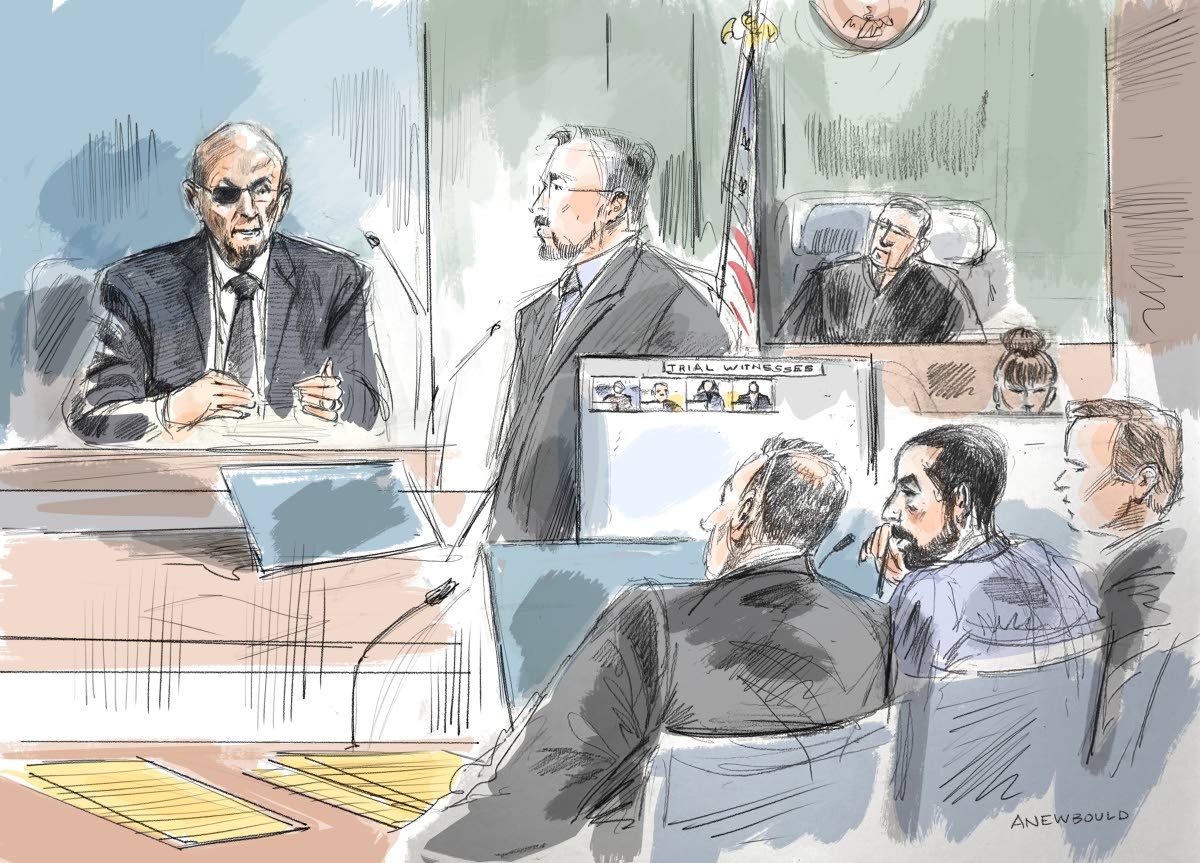 In this courtroom sketch, Salman Rushdie   (left) testifies in federal court during the terrorism trial for Hadi Matar, Rushdie’s alleged attacker (second from bottom left) on Thursday.