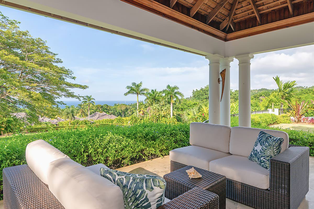 Sea and garden views are captured from multiple patios. 
