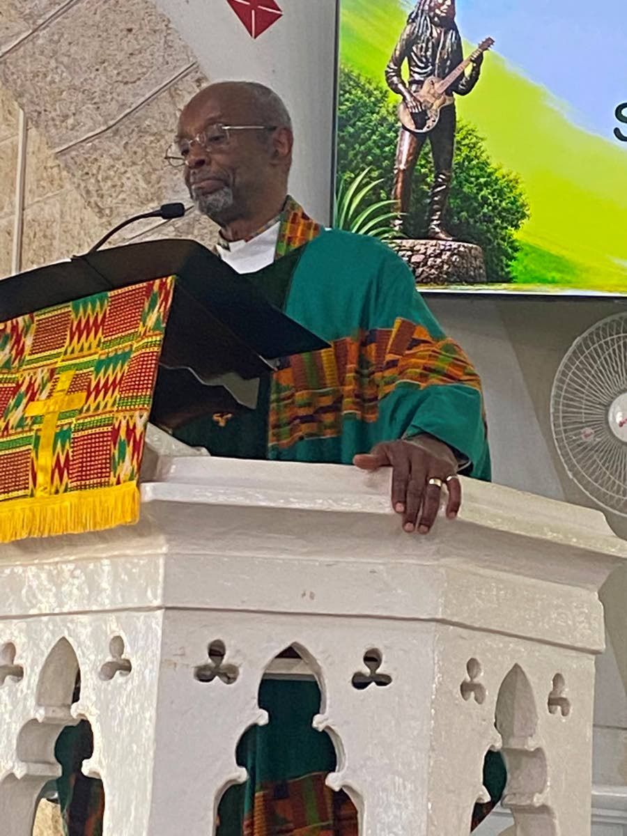 The Reverend Canon Dr Stephen Fields delivering his sermon on Sunday during the Bob Marley Emancipation Mass at the St Barnabas Church in St Michael, Barbados.