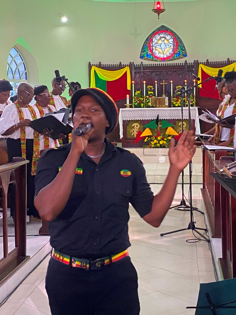 Kweku Jelani performing at the St Barnabas Church during the Bob Marley Emancipation Mass. 
