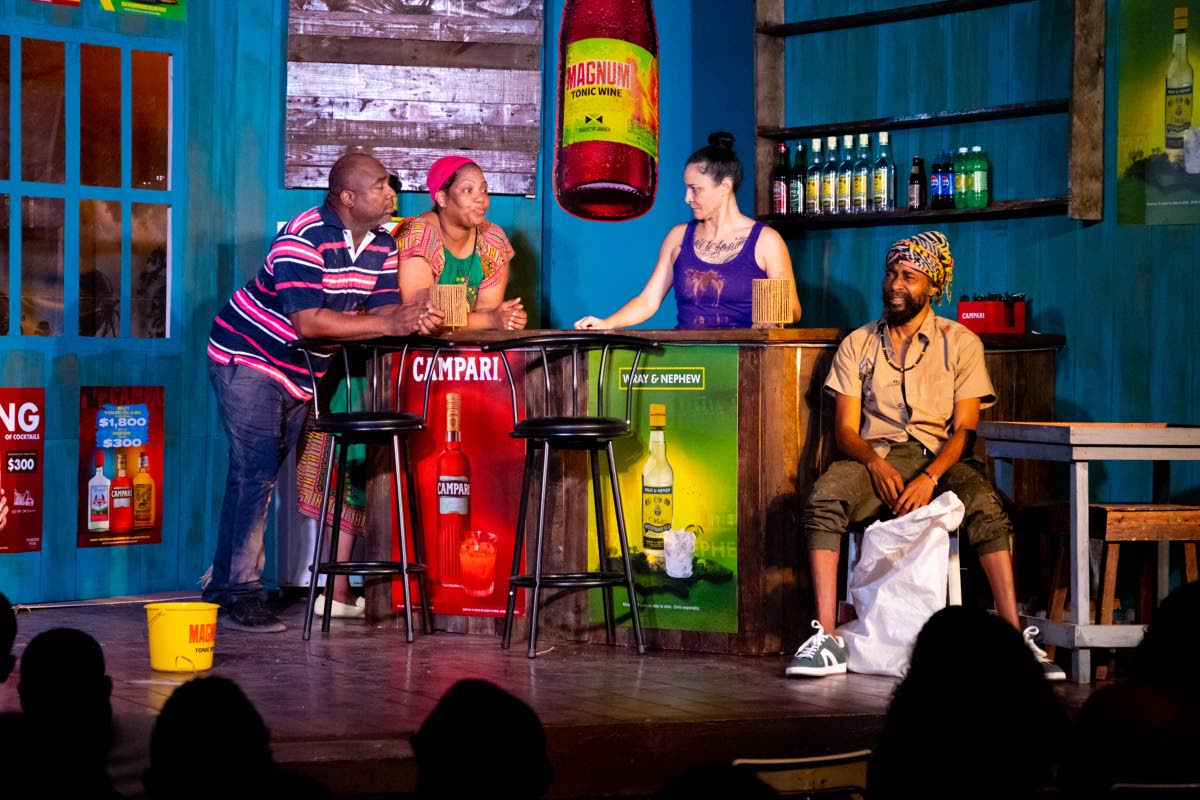 From left: Parnell, played by Tesfa Edwards; Pearl, played by Dahlia Harris; Arlene, played by Maylynne Lowe; and Jah Jah Royal, played by Everaldo Creary, in a scene from ‘Hurricane Hataclaps’. 