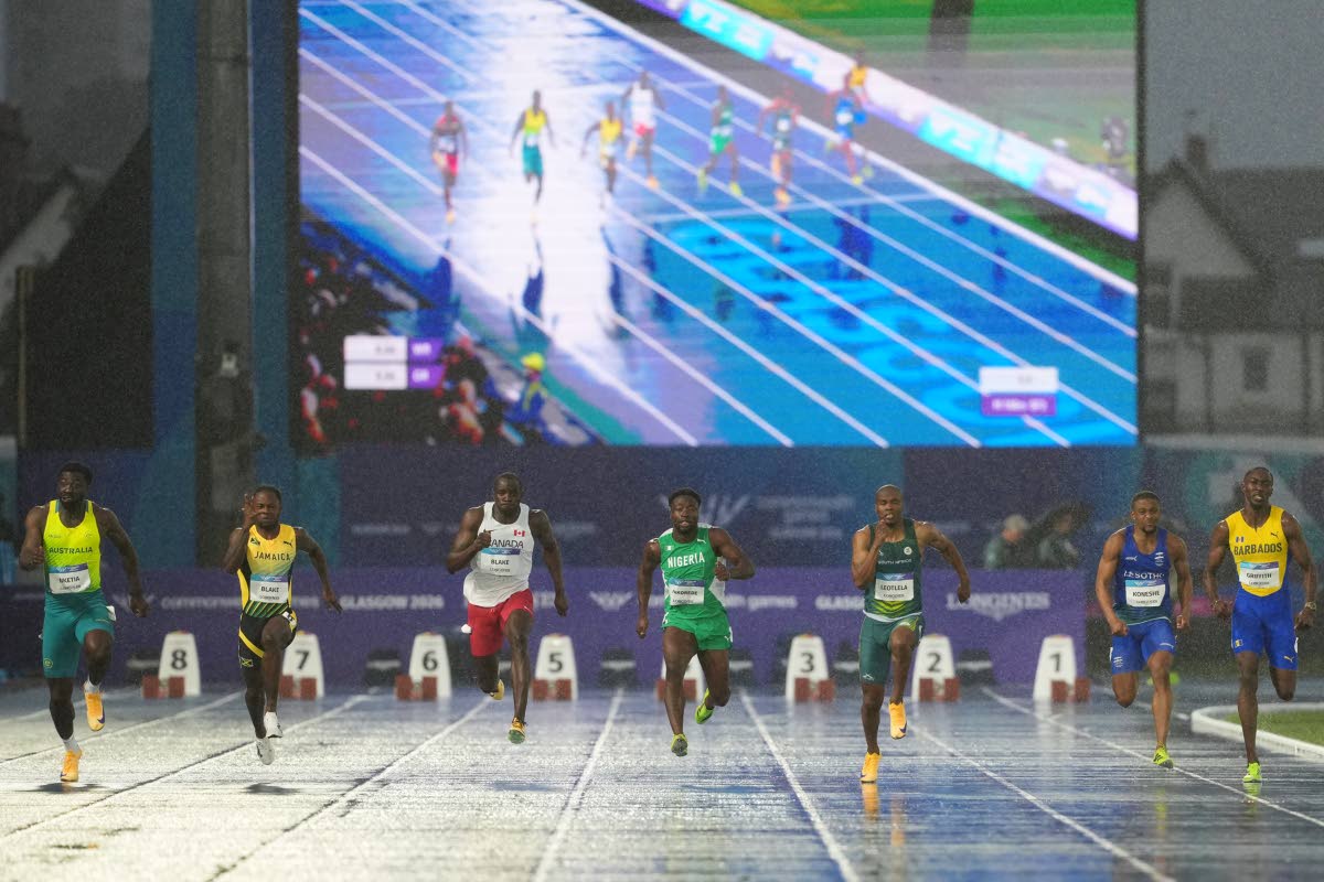 From left: Edward Nketia of Australia, Ackeem Blake of Jamaica, Jerome Blake of Canada, Adekalu Nicholas Fakorede of Nigeria, Gift Leotlela of South Africa, Mojela Koneshe of Lesotho, and Kuron Griffith of Barbados, compete in a men’s 100-metre semi-fina