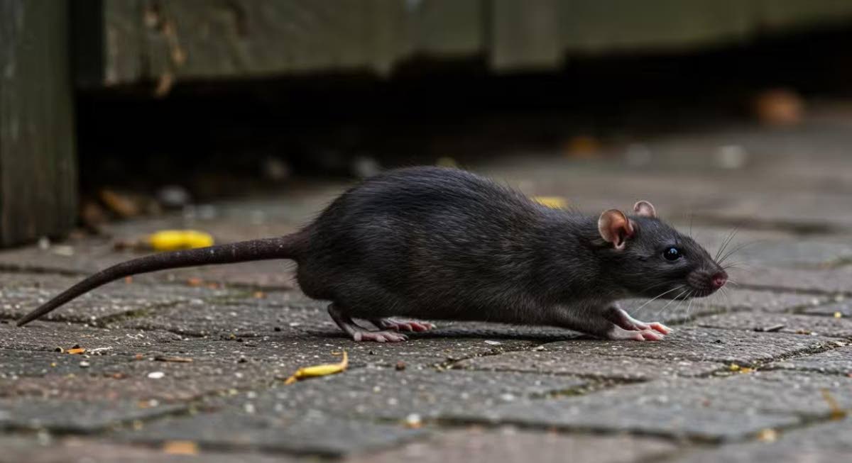 A black rat running on the street. 
