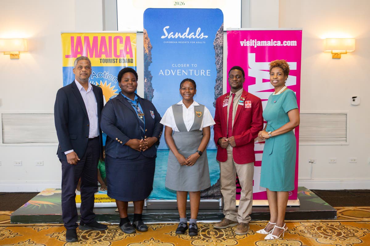 From left: Deputy Director of Tourism Marketing Peter Mullings, Govaunia James of Manning’s School, Junior Tourism Minister Thaejadore Kerr of Montego Bay High School for Girls, Nathan Clarke of Glenmuir High School, and Lucretia Green of the Jamaica Tou