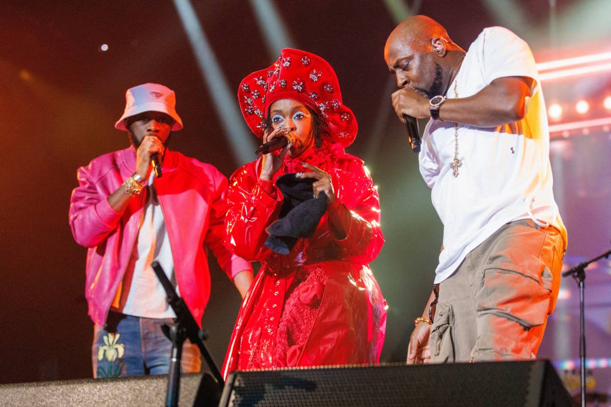 From left: Prakazrel ‘Pras’ Michel, Lauryn Hill and Wyclef Jean of the Fugees perform during ‘The Miseducation of Lauryn Hill’ 25th anniversary tour in Inglewood, California, on November 5, 2023.