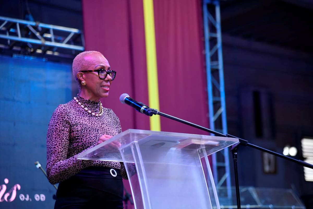Minister of Finance, Fayval Williams, delivering remarks on behalf of Prime Minister Dr Andrew Holness at the funeral of late track and field coach Stephen Francis at the National Indoors Sports Centre in St Andrew on August 15, 2026.