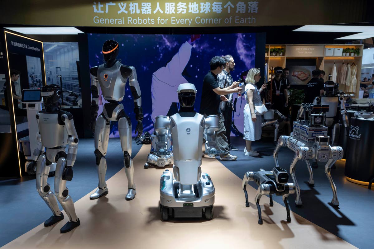 A variety of robots are displayed at the World AI Conference in Shanghai on July 17.