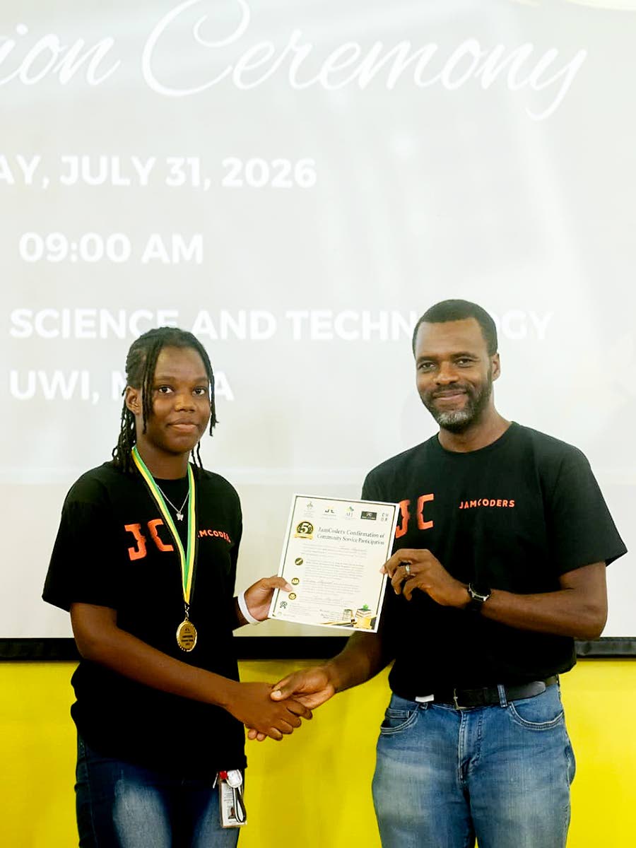 Janae’ Haywood receives her certificate of participation from Dr Daniel Fokum, Head of the Department of Computing and co-chair of JamCoders in the Faculty of Science and Technology at The University of the West Indies, Mona.