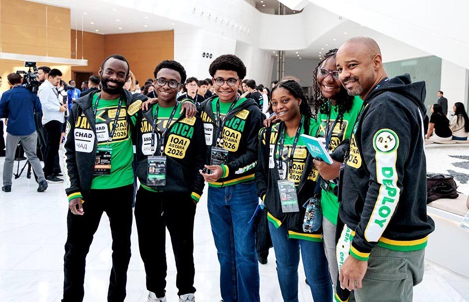 From left: coach Chad Sutherland, Amari Cross, Matthew Williams Tori Senior, Jozanne Thompson, and team leader Marvin G. Hall, who represented Jamaica at the recent International Olympiad of AI in Astana, Kazakhstan.