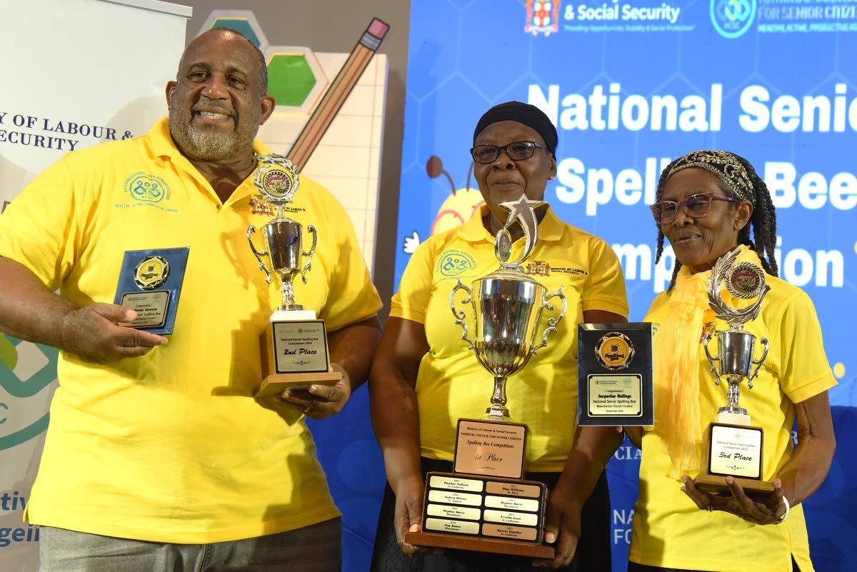 National champion Veronica Richards-Whittaker (centre), representing St Mary, is flanked by second-place finisher Andrew Green, representing St Andrew, and third-place finisher Jacqueline Mullings, representing Manchester.