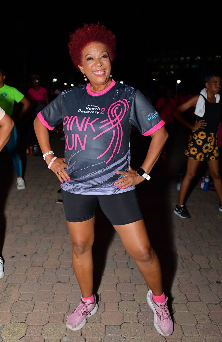 Getting her workout in, Sandra Samuels, president of Jamaica Reach to Recovery, is all smiles at the turnout for the Pink Power weekly workout session.