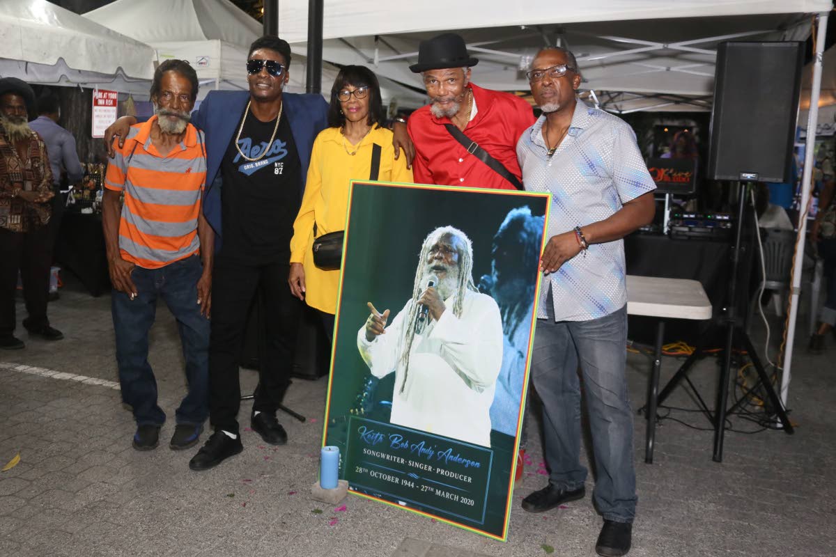 From left: Singer J’s father, Michael Lattibeaudiere; Singer J; Cecil and Jacqueline Lattibeaudiere, siblings of Bob Andy; and Godfrey ‘Bobby’ Anderson, the legendary singer and songwriter’s son, gather at the tribute to Bob Andy at Kingston Night 