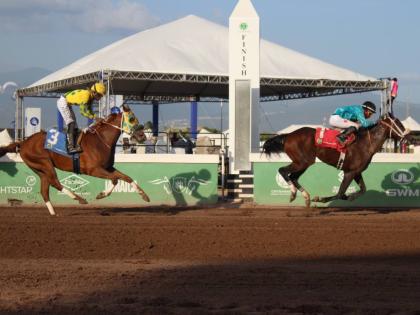 DESERT OF MALIBU (right), ridden by Tajay Suckoo wins the 30th running of the Thoroughbred Racing Hall-of-Fame Stakes Trophy ahead of CALIFORNIA CROWN (Tevin Foster) at Caymanas Park on Saturday, July 18.
