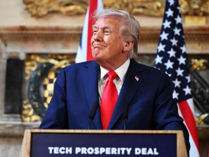 President Donald Trump attends a joint press conference with Britain's Prime Minister Keir Starmer at Chequers near Aylesbury, England.
