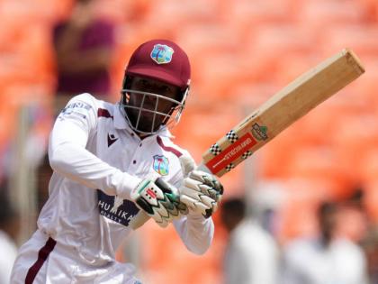 
West Indies’ Alick Athanaze plays a shot on the third day of the first Test cricket match against India at Narendra Modi Stadium in Ahmedabad, India yesterday.