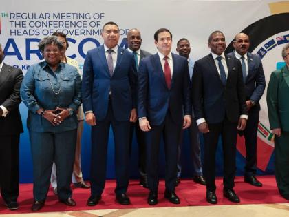 US Secretary of State Marco Rubio,poses for a group photo with other government officials attending the Caribbean Community (CARICOM) meeting in Basseterre, Saint Kitts and Nevis. Also pictured are, Bahamas’ Prime Minister Philip Edward Davis, left, Gren
