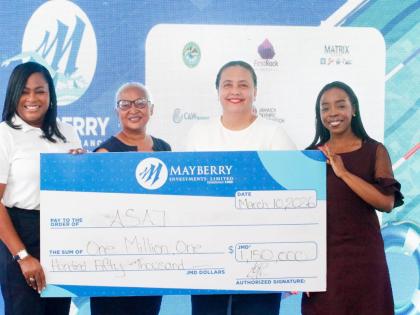  Solidifying their financial commitment to aquatic sports, Mayberry Investments Limited executives present a sponsorship cheque of  $1,150,000 to the Aquatic Sports Association of Jamaica on Tuesday, March 10.  From left:  Karen Hall, Assistant Vice Presid