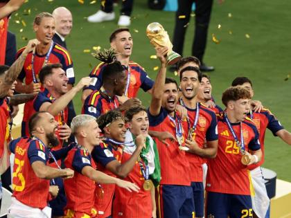 Members of the Spain national team celebrate winning the World Cup in New York.