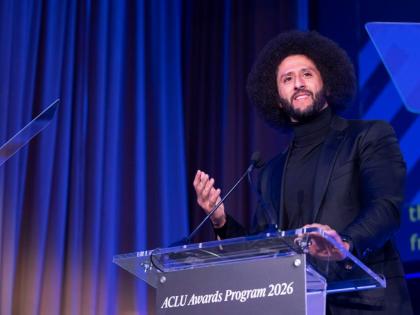 AP 
Colin Kaepernick speaks at the ACLU’s 2026 Biennial Leadership Conference, Friday in Washington. 