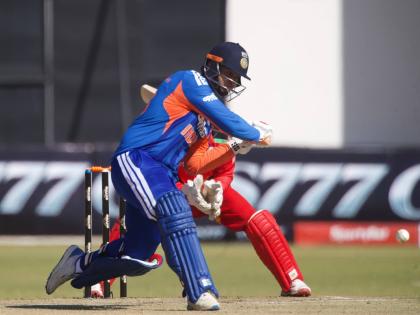 India batsman Vaibhav Sooryavanshi plays a shot during the third T20 cricket match against Zimbabwe in Harare, Zimbabwe, yesterday.