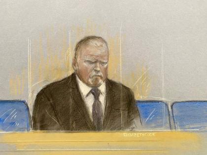 This court artist sketch by Elizabeth Cook shows funeral director Robert Bush appearing at Hull Crown Court, England, for sentencing on 30 counts of preventing the lawful and decent burial of a body, and one count of theft from 12 charities, on Friday.