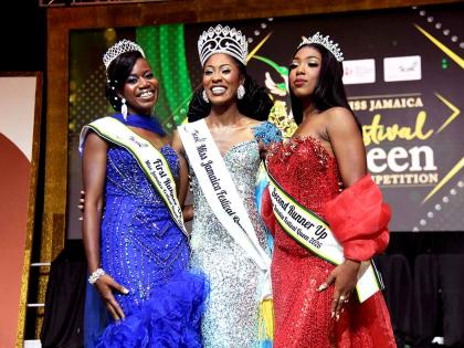Miss Jamaica Festival Queen 2026, Christine Williams, is flanked by, first runner-up, Dr. Melissa Flinch (left), Miss Manchester and second runner-up, Danielle Cox, Miss Kingston and St. Andrew.