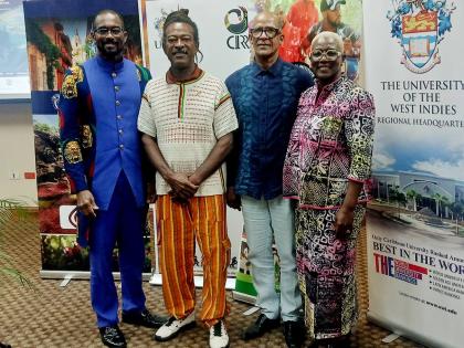 From left: Reverend Dr Alberto Gordon May, guest speaker and resident of San Andrés; musician Jimmy Archbold; fellow San Andrés resident Ishmael May; and Emiliana Bernard Stephenson, ambassador of the Republic of Colombia to Jamaica, at the Caribbean Con
