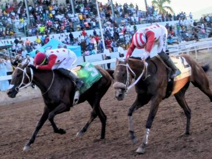 LONDON SPIRIT (left),  ridden by Tevin Foster, wins the 106th running of the Jamaica Derby ahead MAVERICK (Calvin Bailey) at Caymanas Park yesterday. 