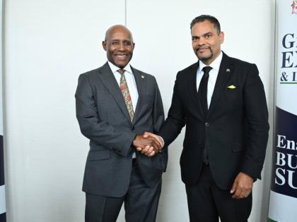 Minister of Industry, Investment and Commerce, Senator Aubyn Hill (left), greets the Republic of South Africa's Deputy Minister of International Relations and Cooperation, Alvin Botes, ahead of a High-Level Ministerial Luncheon at the AC Hotel by Marriott 