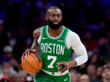 Boston Celtics’ Jaylen Brown plays during Game 6 in a first-round NBA basketball playoff series, April 30, 2026, in Philadelphia. 