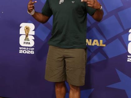 James Harden arrives before the World Cup final match between Spain and Argentina in East Rutherford, New Jersey, Sunday, July 19, 2026.  